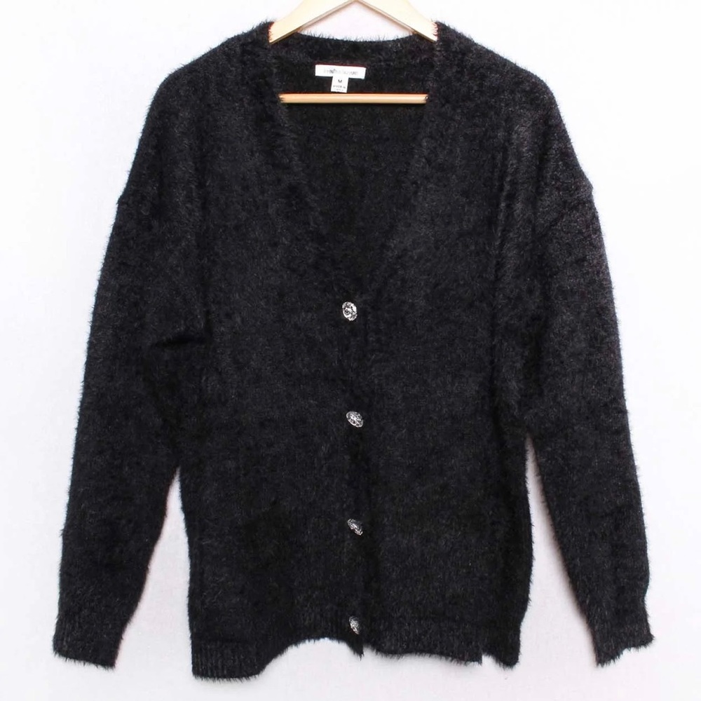 NWT! JohnPaulRichard Black Fuzzy Cardi with Gem Buttons Size Small
